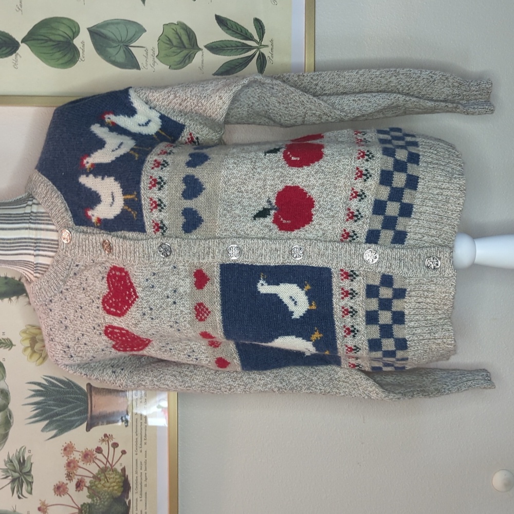 Vintage Eddie Bauer Sweater with Chickens Ducks Hearts Snowflake Buttons Large